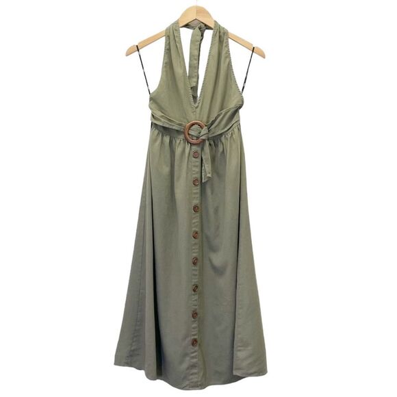 Lulus Feeling the Breeze Olive Green Buttoned Halter Backless Midi Dress Size XS - Picture 1 of 11